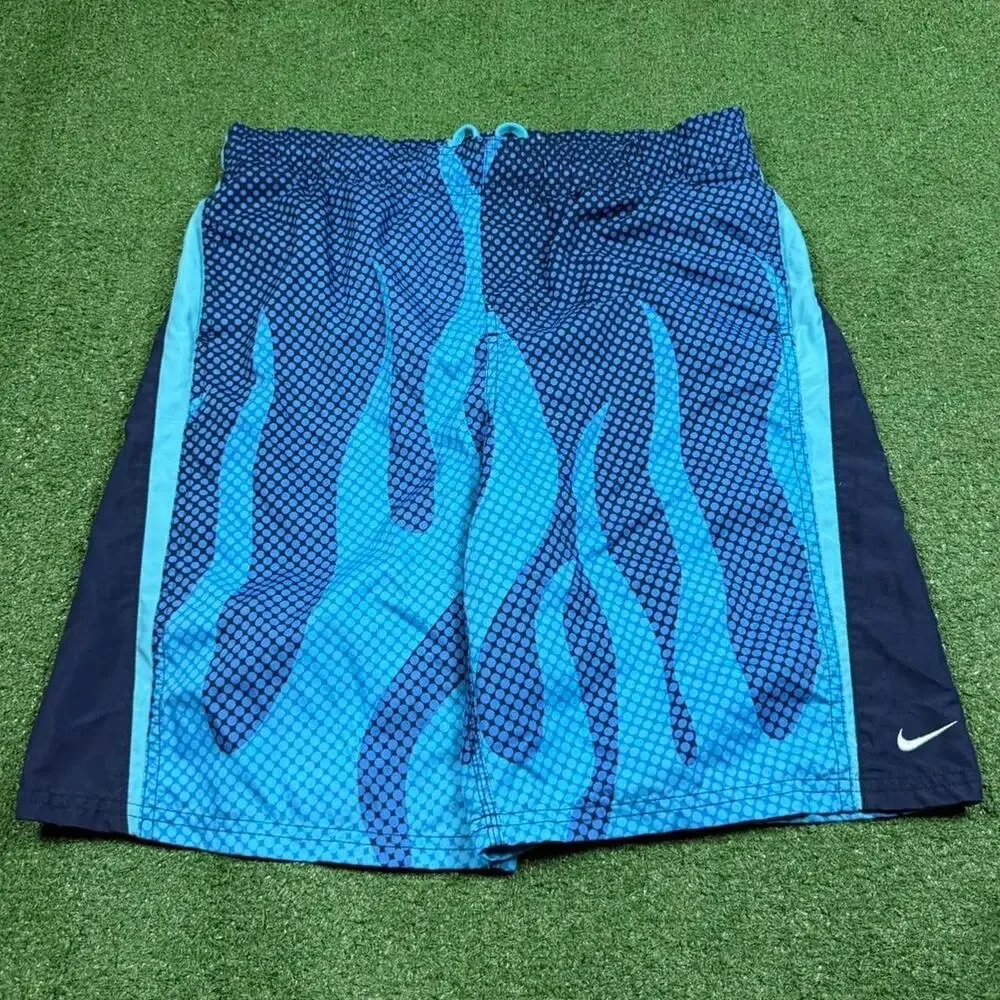 Nike Board Shorts Mens 30 Blue Flame Pattern Y2K 2000s Swim Trunks Athletic